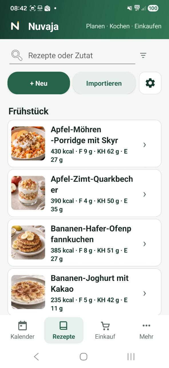 Nuvaja-Rezeptliste mit Suche, Import und Rezepten für das Frühstück