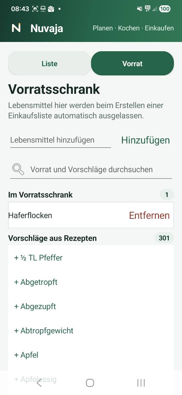 Nuvaja-Vorratsschrank mit Haferflocken und Vorschlägen aus Rezepten